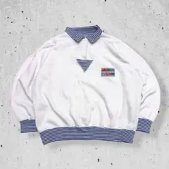 90sヴィンテージ襟付きスウェット白青ボーダー古着アメカジ長袖ヘンリーネック短丈