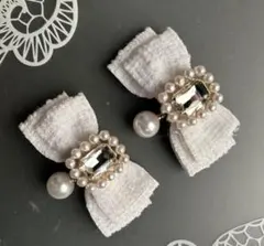 ダブルパール♡ツイードミニリボン　白　ヘアクリップ 量産型　地雷　ゴスロリ