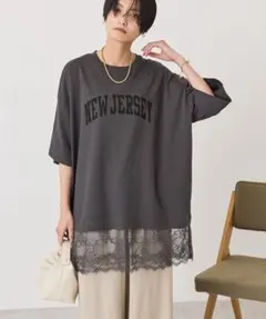 アメリカンホリック カレッジロゴレースドッキングTシャツ チャコールグレーのサムネイル