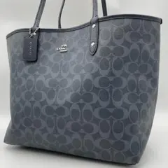 COACH トートバッグ PVCレザー ブルー シグネチャー リバーシブル