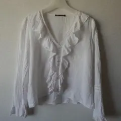 ZARA フリルコットンブラウス ホワイト レース Vネック XS