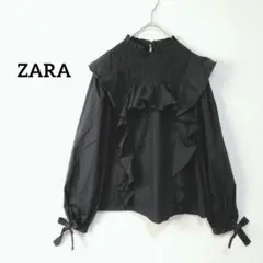 洗える♡ZARA ザラ フリルブラウス 袖リボン スタンドフリルカラー 黒 M
