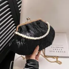 1391がま口パーティーバッグ 黒 ブラック ショルダー　刺繍 レース 結婚式