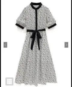 花柄ロングワンピース 半袖 ウエストリボン