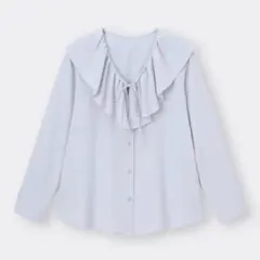 GU／ラッフルカラーブラウス 長袖 ライトブルー 水色,フリル襟,UVカットのサムネイル