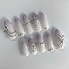 現品❤︎ラメグラ×リボンチェーンネイル韓国ガーリー/ワンホン/量産型　ネイルチップ