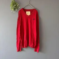 ホリスター［S］大人カジュアル◎着映えレッド◎ロゴ刺繍◎コットン混Vネックニット
