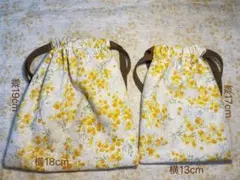 【ボタン猫】中サイズ 巾着袋 手作り 2層仕立て 小物入れ ポーチ コットン