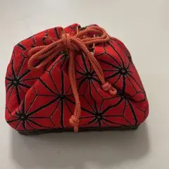 赤麻柄　巾着型和装用バッグ