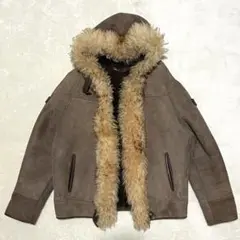 リアルムートンジャケット　フード　ブラウン　フロントホック　M L相当 海外製