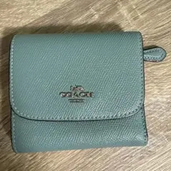 【美品】coach レザー　ミニ財布　水色　三つ折り
