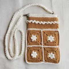 ハンドメイド スマホショルダー お花 モチーフ 編みバッグ 裏地 ポーチ 韓国風