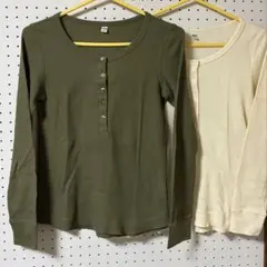 ユニクロ ワッフル長袖Tシャツ M 2枚セット カーキ アイボリー