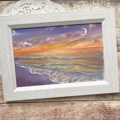 原画：ハガキサイズ】 三日月と夕暮れ空 オイルパステル画 - メルカリ