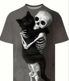 黒猫のガイコツ柄のTシャツ XLサイズ　ハロウィン　スカル