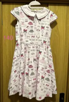 メゾピアノ　ピンク　衿付きラメ　プリントワンピース