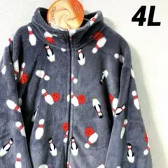 シルキーファー　総柄　フリースジップジャケット　ペンギン　ネイビー　4L