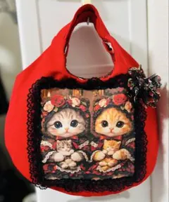 ゆ*ら様 かわいいねこちゃん☆ころりんトートバッグ ハート柄 ねこ耳白