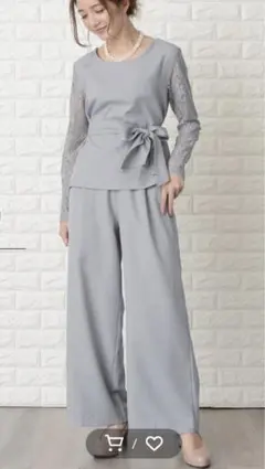 本日まで　美品　ウエストリボン付きレース袖ワイドパンツドレスグレー