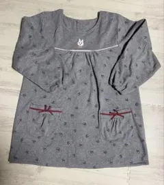 ウサギ花柄 グレー 長袖エプロン 保育士