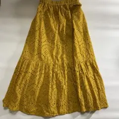 カットワーク　マスタードロングスカート　レース　ティアードスカート