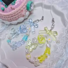 たまごっちストラップ*韓国ビーズストラップ*水色×黄色2本セットY2K