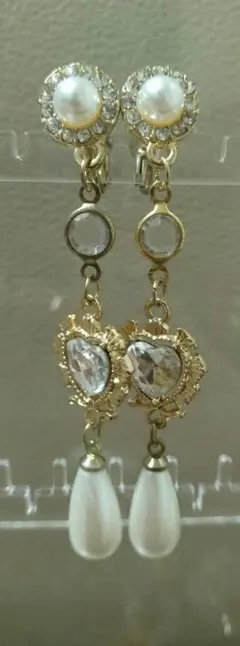 エレガント ハート型クリスタル パールイヤリング