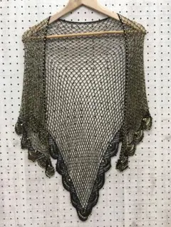 レトロ オリエンタル 古着小物 ビーズ×ニット スカラップフリル 三角ストール