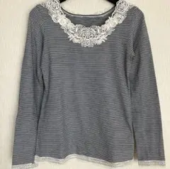 レース付き ボーダーカットソー ボーダー 長袖 Tシャツ 白×黒 Mサイズ