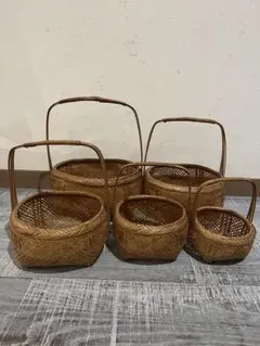 竹かごバスケット  昭和レトロ ラタン 籠  竹細工  竹籠　入れ子　竹かご