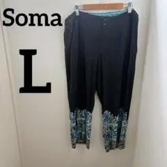 Soma【L】ブラック 水色 花柄 ワイドパンツ ズボン リラックス ゆったり