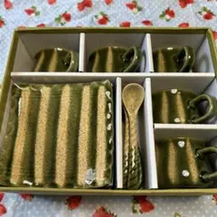 織部コーヒーカップセット（緑色・ストライプ）