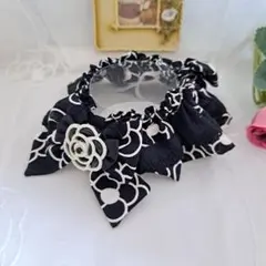 幅広シュシュカメリア柄(ブラック)わんちゃん猫ちゃん用