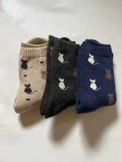 レディース厚手猫柄ソックス 3足セット