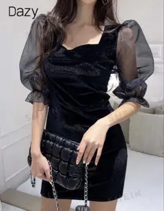 DAZY ハートネック コントラストメッシュ パフスリーブ ドレス