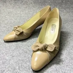 【RIZ】リズ パンプス ヒール 日本製 リボン ベージュ23cm E 外反母趾