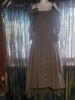 オフショルダー チェック柄 ロングワンピース M