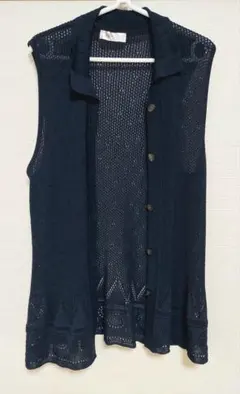 ネイビー 透かし編み ノースリーブカーディガン