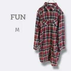 2928ファン【M】タータンチェック　長袖チュニック　シャツワンピース　コットン