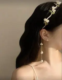 韓国風 フラワー パール ヘッドドレス ピアス セット 花 ウェディング