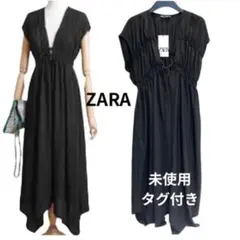 ZARA 新品タグ付き 半袖ブラック シャーリングロングワンピース Sサイズ