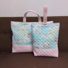 ユニコーン柄　キルティングレッスンバッグ　シューズケース　2点セット
