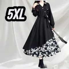 5XL　新品　ワンピース シャツ襟　アシメ 花柄 スリット　黒　大人可愛い　韓国