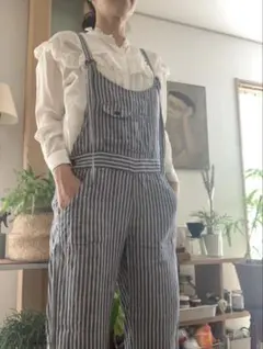 ストライプ　リネン　オーバーオール