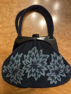 総ビーズ　ハンドバッグ　紺色　がま口　レトロ　和風