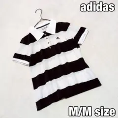 美品【ADIDAS】ゴルフ ポロシャツ ボーダー柄 黒 白 ロゴ刺繍 M/M