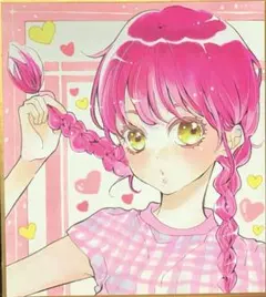 原画　手描きイラスト オリジナル　色紙　一点物　アナログ　ピンクヘア女の子