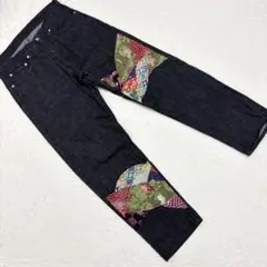 カールヘルム ブラック デニムパンツ 和柄 浮世絵風 パッチワーク Lのサムネイル