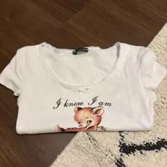 子鹿イラスト付きホワイト半袖TシャツZARA