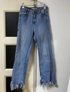 ZARA フリンジデニム ライトブルー S カットオフデニム ストレート